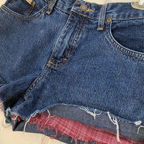 C.E. Schmidt Cutoff Raw Hem Denim Jean Shorts Plaid Lining - Picture 1 of 6